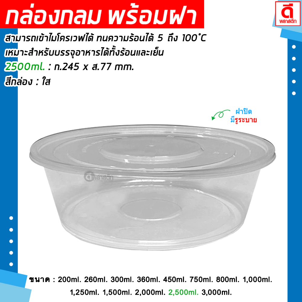 กล่องกลมใส PP ถ้วยพลาสติกใส่อาหารพร้อมฝา (มีรูระบาย) เข้าไมโครเวฟได้ : 1 แพ็ค