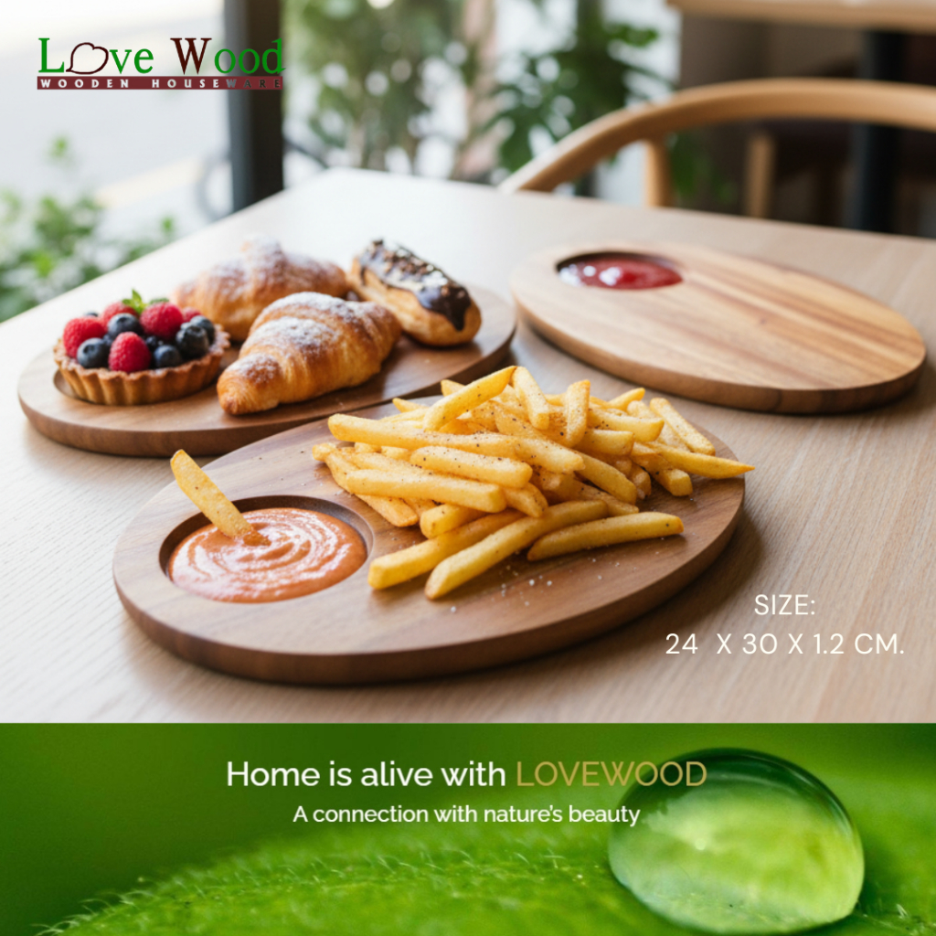 🔥Lovewood🔥 งานสวยมาก !!!! ถาดไม้วงรี มีที่สำหรับวางถ้วยน้ำจิ้มหรือแก้วน้ำ น่าใช้สุดๆ