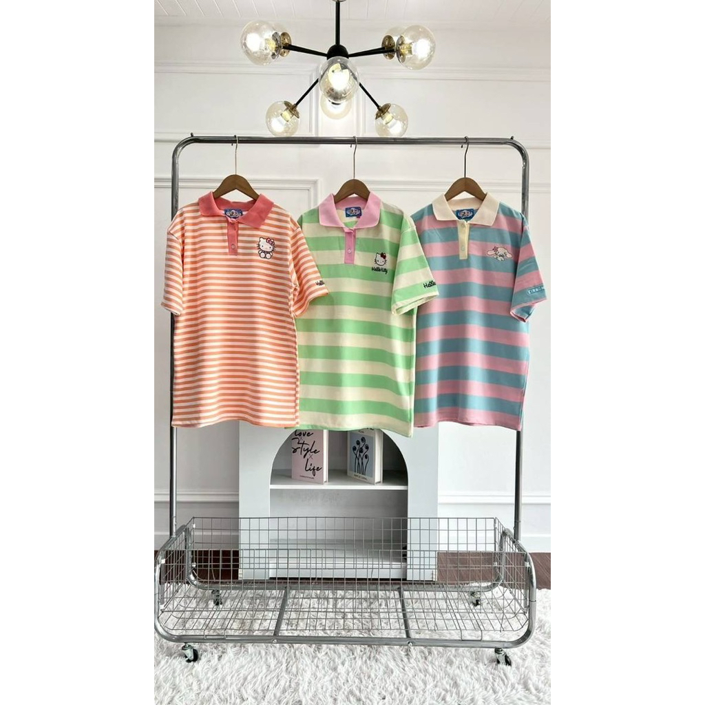 SIS.ON | พร้อมส่ง IMD เสื้อยืดแขนสั้น คอปก ผ้าลายริ้ว OVERSIZE รวมลายการ์ตูน