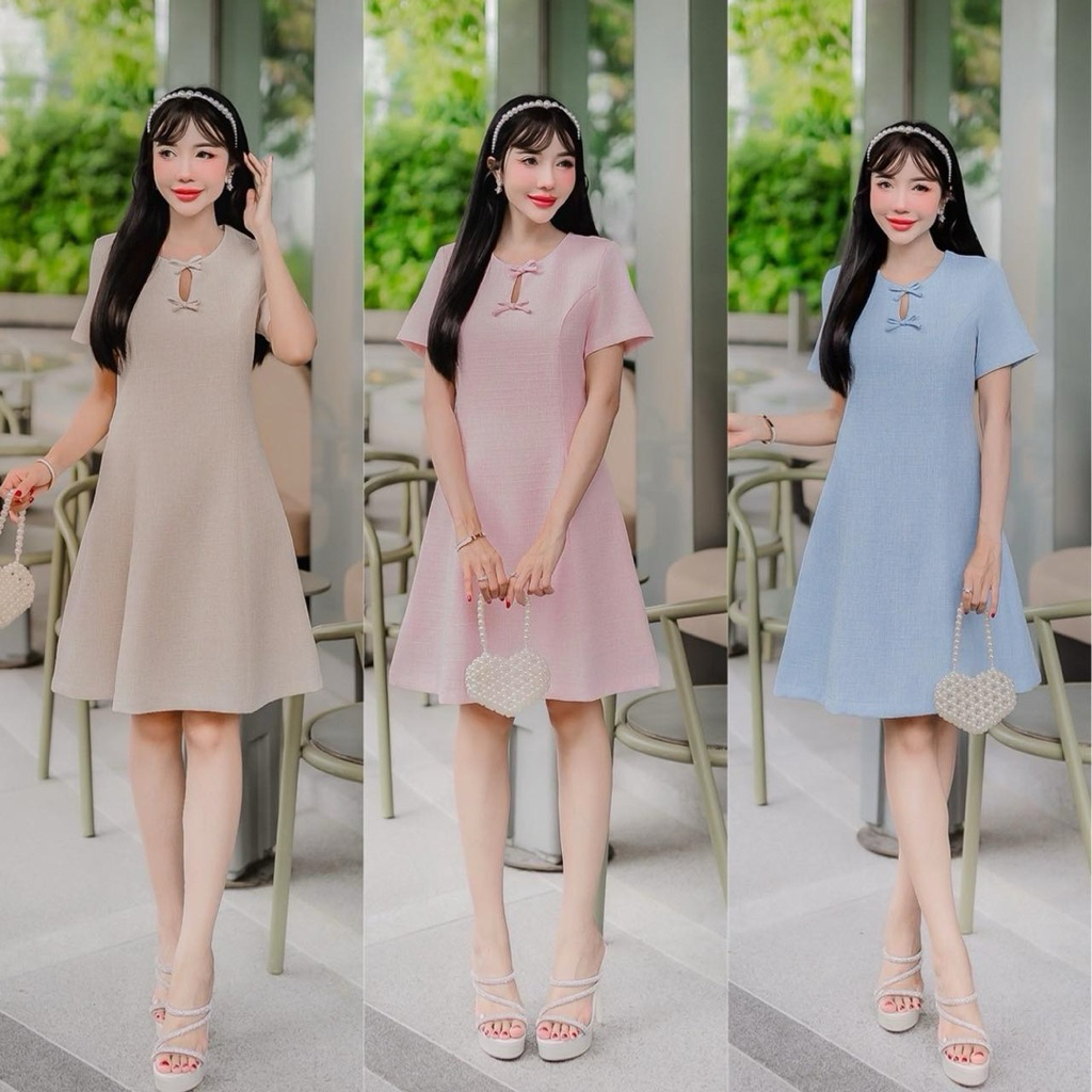 เดรสทำงานเดรสออกงาน สีชมพู สีครีม สีฟ้า