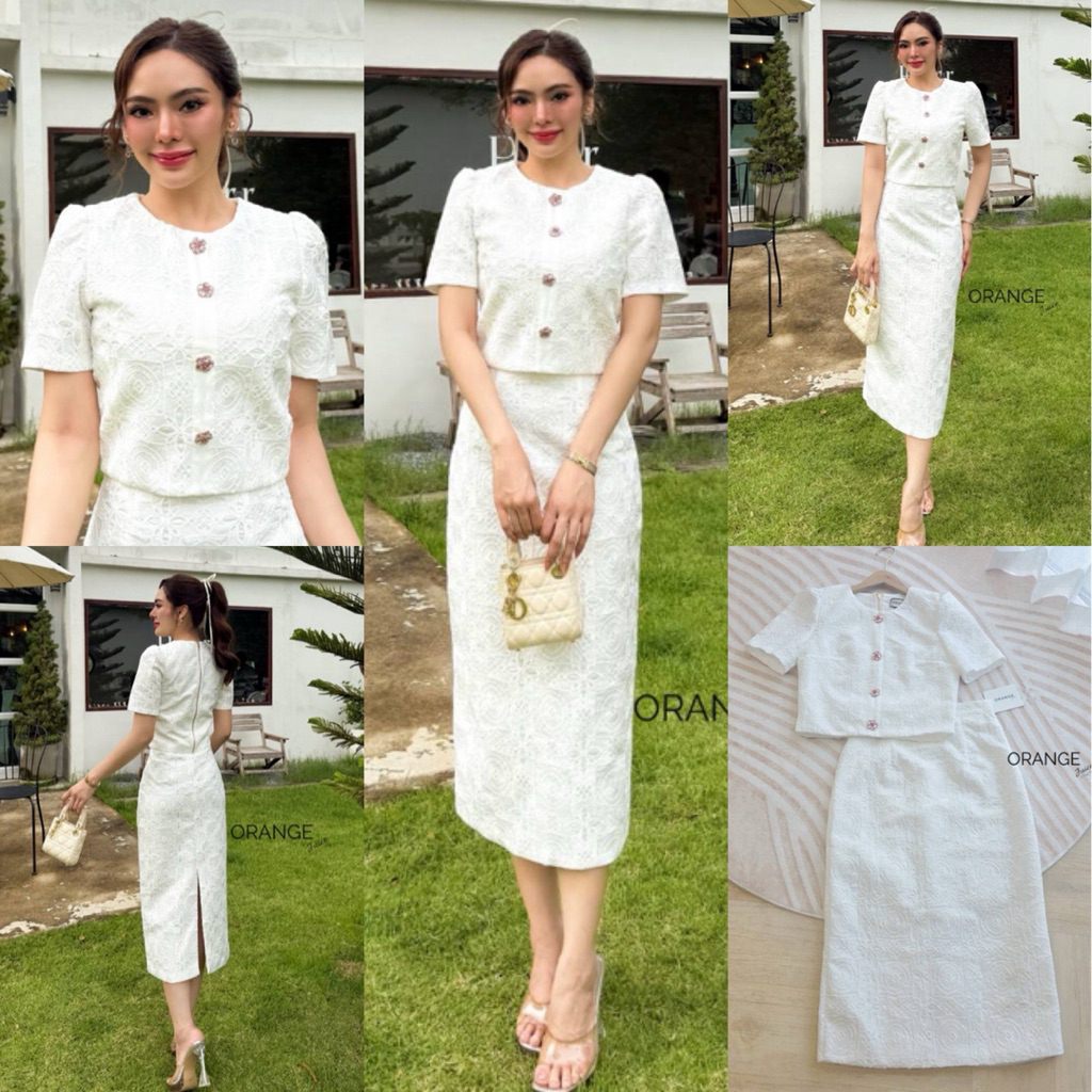 🧡พร้อมส่ง S-4XL🧡ป้าย Orange Juice💕Set เสื้อคอกลม กระโปรงลูกไม้ทรงสอบ สีขาว สวยเรียบหรู ชุดงานบุญ