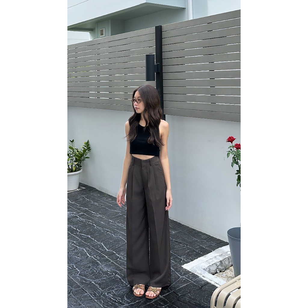 🤎 ส่งต่อ กางเกง วนิศา Wanisa ทรงกระบอกใหญ่ สี Dark mocha ไซส์ S