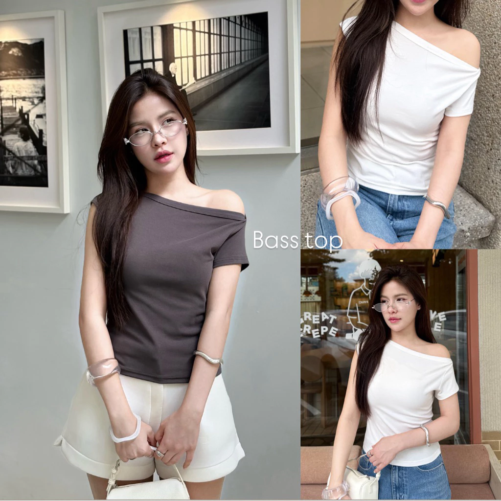 Bass top - เสื้อคอปาด ทรงเข้ารูป ผ้าตอนตอนยูนิ ผ้ายืดนุ่ม (คอปาด)