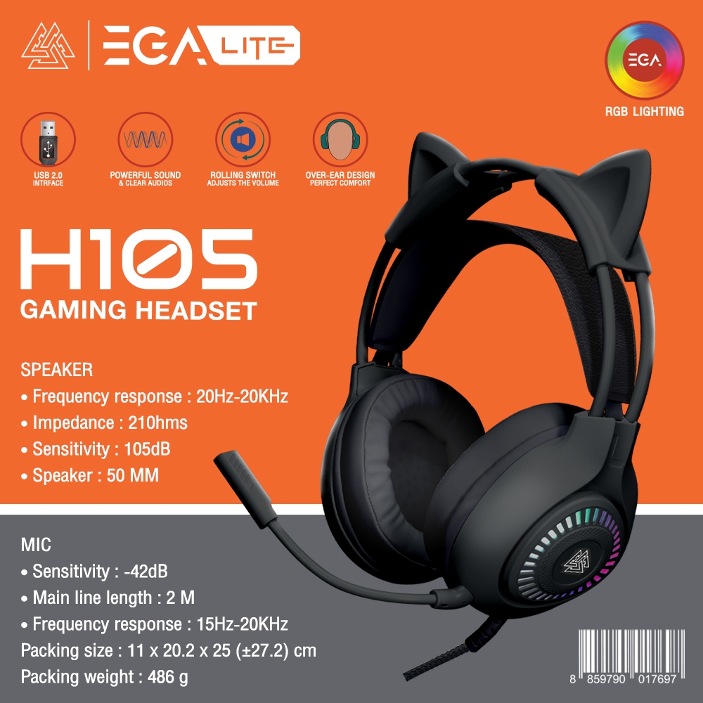 EGA H105 Lite Gaming Headset USB หูฟังเกมมิ่ง หูฟังเล่นเกมส์ หูฟังหูแมวถอดได้