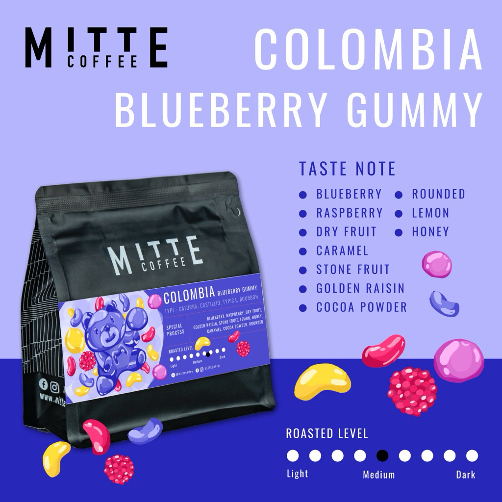 Mitte Coffee เมล็ดกาแฟคั่วกลาง Colombia : Blueberry Gummy ขนาด 200 กรัม