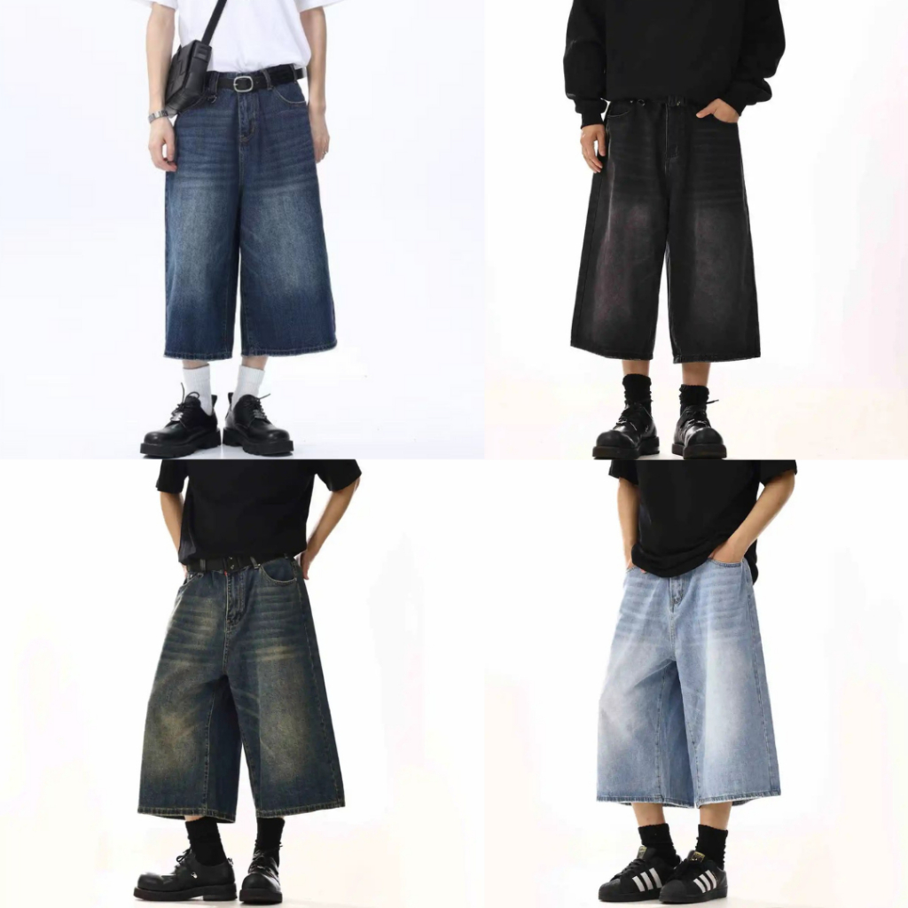 กางเกงยีนส์ขากระบอก 5 ส่วน S-10XL ทรงหลวมขากว้างใส่ได้ทั้งเอวสูง เอวต่ำ ผ้าใส่สบาย