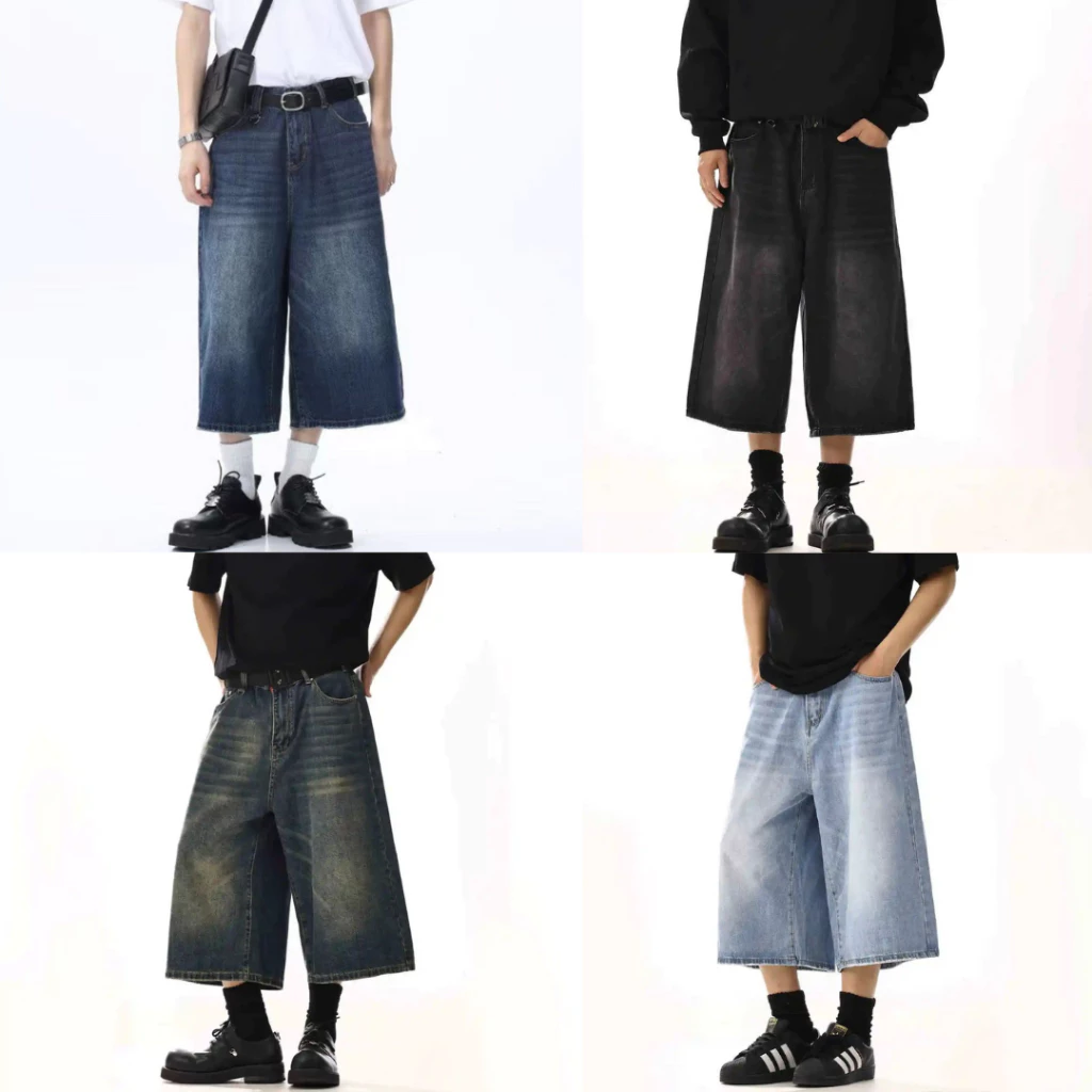 กางเกงยีนส์ขากระบอก 5 ส่วน S-10XL ทรงหลวมขากว้างใส่ได้ทั้งเอวสูง เอวต่ำ ผ้าใส่สบาย