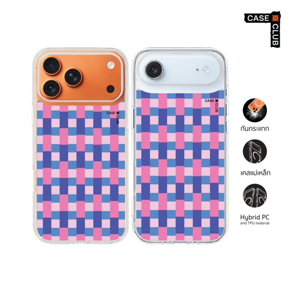 CaseClub เคสไอโฟน ซัมซุง เคสแม่เหล็ก ลาย Blue & Pink Multi Color Tile กริด ตารางสีชมพูฟ้า สำหรับ i17