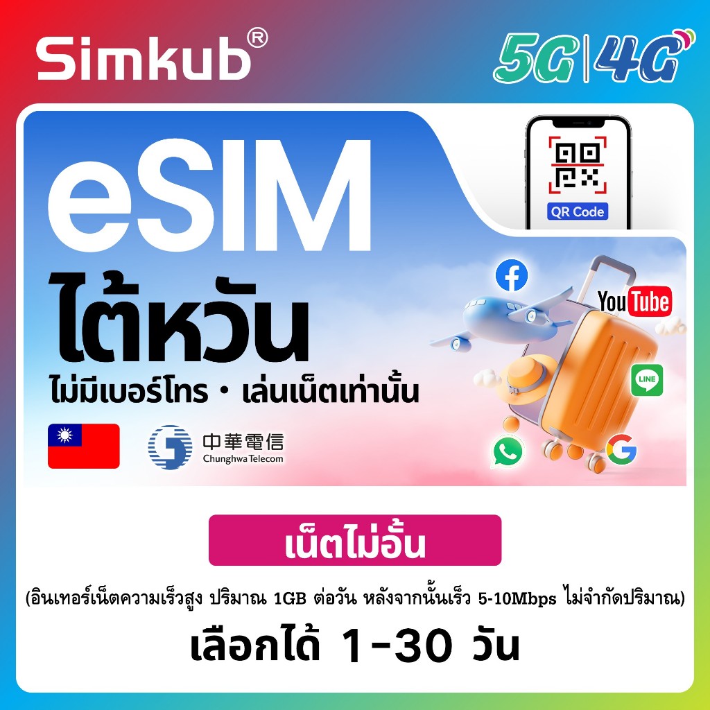 eSIM Taiwan เครือข่าย CHT ซิมท่องเที่ยว ไต้หวัน เน็ตไม่จำกัด รองรับ 5G/4G เลือกได้ 1-30 วัน