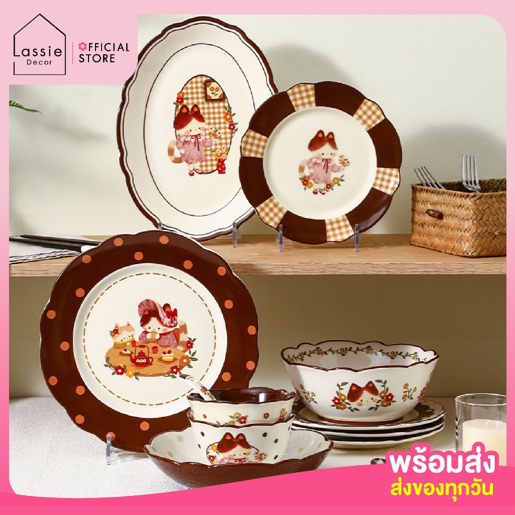 NEW🌸 Kitty Blossom Vintage จานชามถ้วยแก้วเซรามิก ลายน้องแมววินเทจสุดน่ารัก ใช้งานง่าย🐱 | Lassiedecor