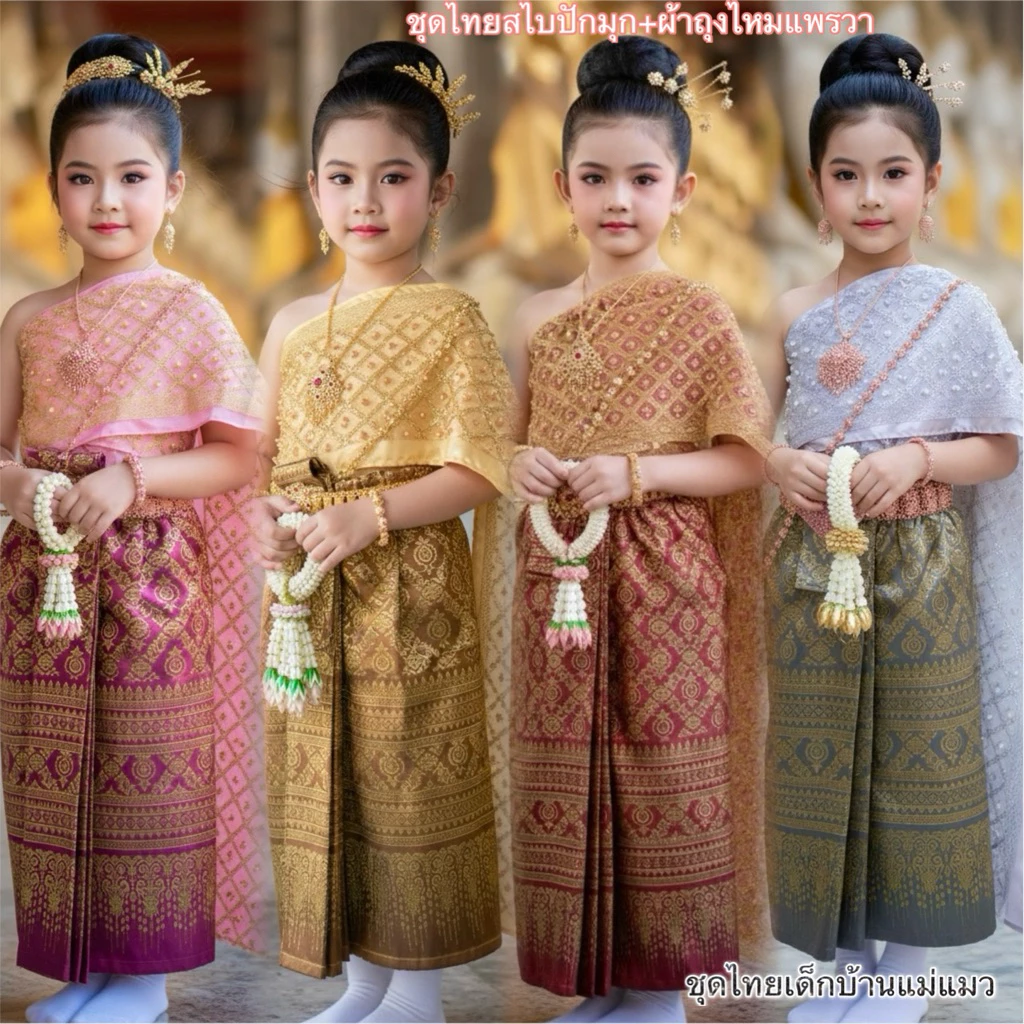 ชุดไทยเด็กหญิงสไบ2ชั้นสำเร็จปักมุก + ผ้าถุงผ้าไหมแพรวา