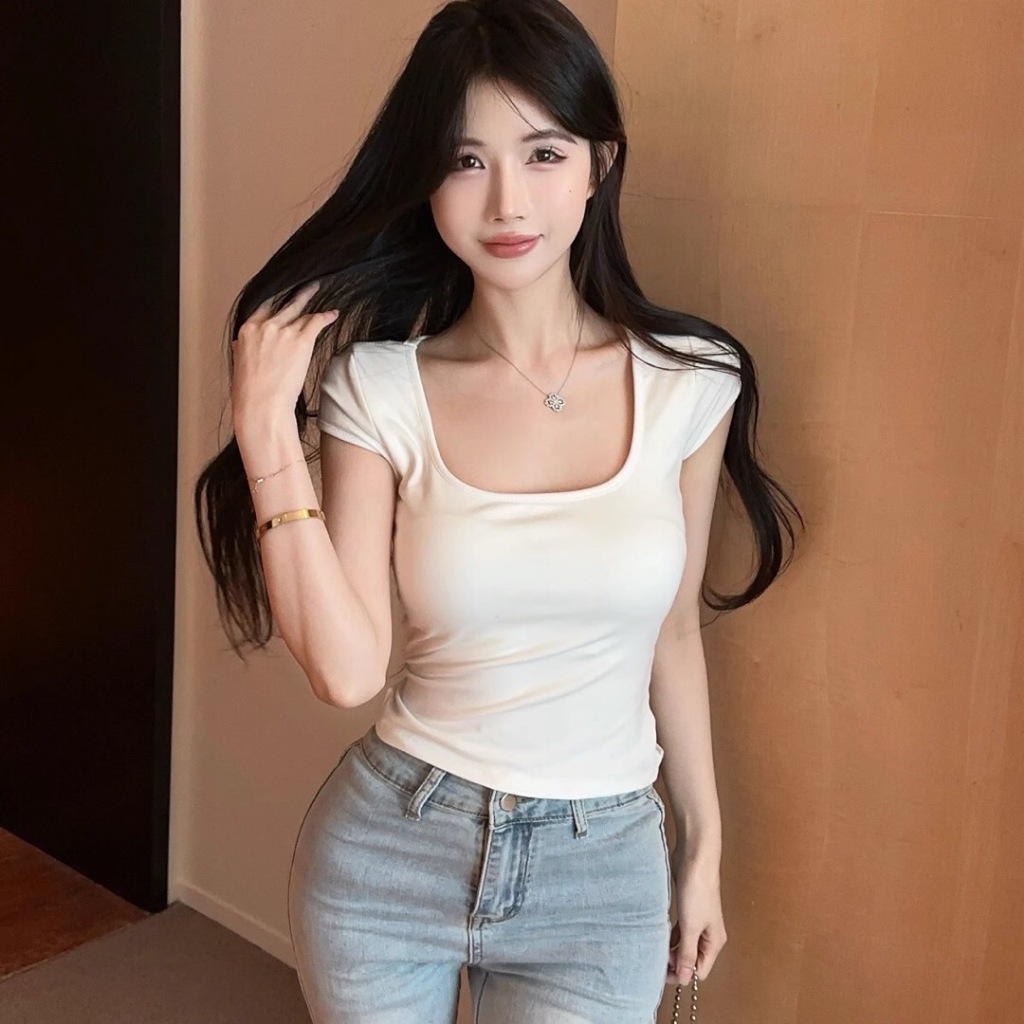 เสื้อยืดแขนสั้นรัดรูปหลังซีทรู  ดีเทลลูกไม้ พร้อมส่งจากในไทย มีฟองน้ำ ใส่สวยเซ็กซี่ รูปที่ 5