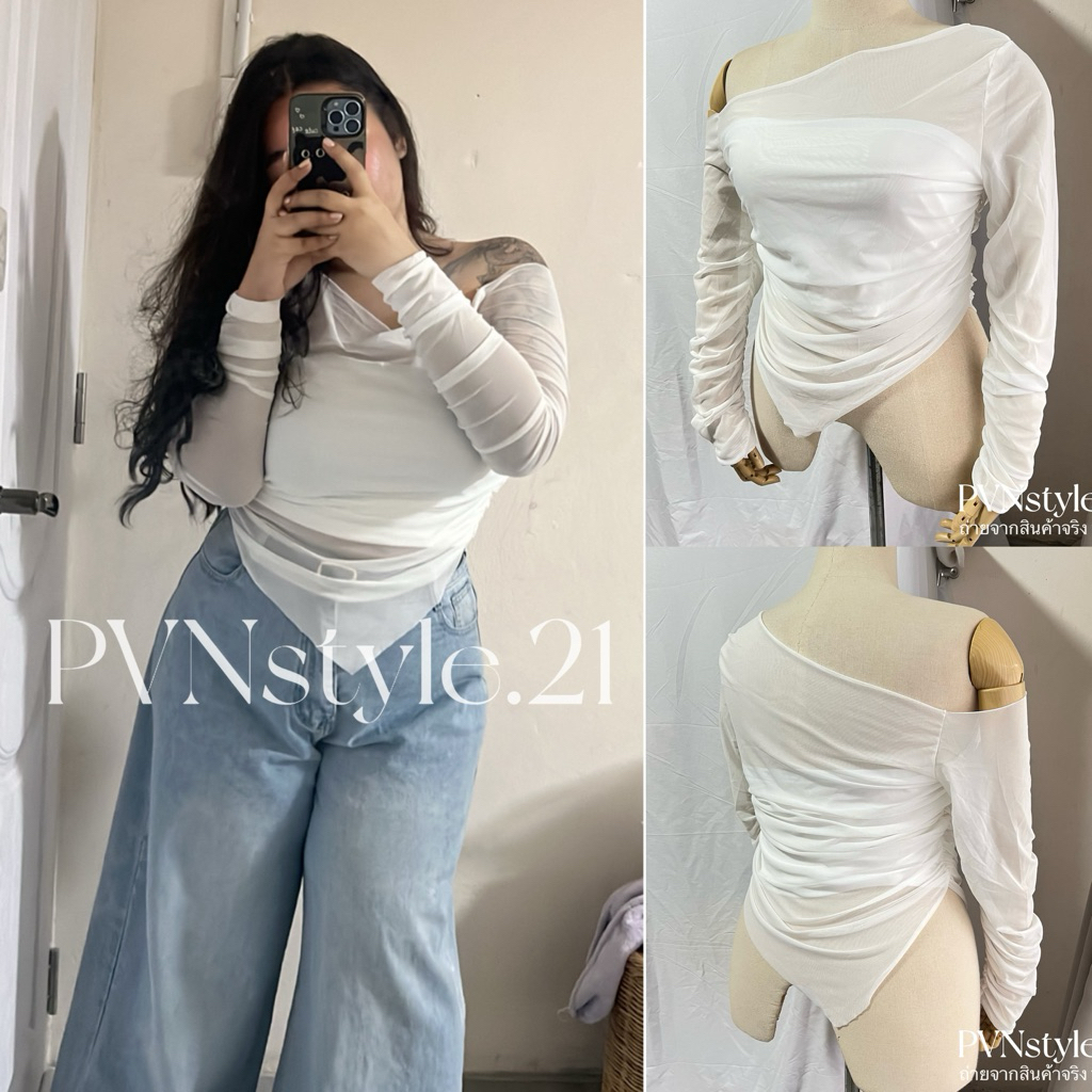 (ไซส์ใหญ่) เสื้อปาดไหล่แขนยาวผ้าชีฟองมีเกาะอกซับใน อก 38-54