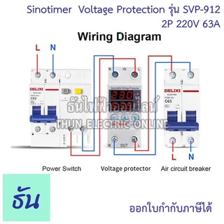 Sinotimer รุ่น SVP-912 220V #ป้องกันโวลต์ตก โวลต์เกิน เท่านั้น ตัวเลือก 40A 63A #912 เครื่องป้องกันไฟตกไฟเกิน