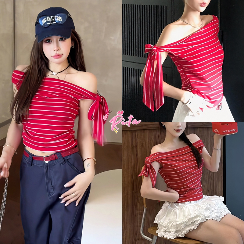 Rita พร้อมส่ง🍒ไหล่เอียงข้างเดียวเสือ เสื้อปาดไหล่ ดีไซน์ลายทางสีแดง มีเชือกผูก เสื้อครอป ชุดไปเที่ยว แฟชั่นผู้หญิง