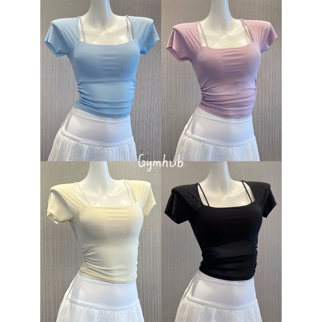 GYMHUB เสื้อโยคะแขนสั้นสตรี ดีไซน์ตาข่ายเซ็กซี่ลายเสื้อซ้อนชั้น สายสะพายบาง แผ่นอกเสริมในตัวไม่ขยับ
