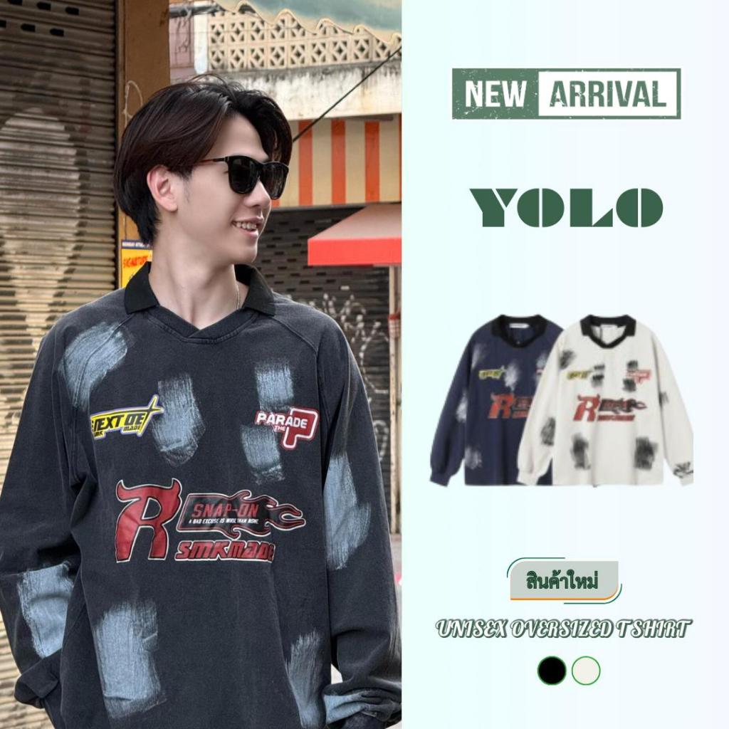YOLO เสื้อสเวตเตอร์ OVERSIZE เสื้อสเวตเตอร์โอเวอร์ไซส์ คอกลม เสื้อคอตตอน สีฟอก แนวสตรีท Y2604