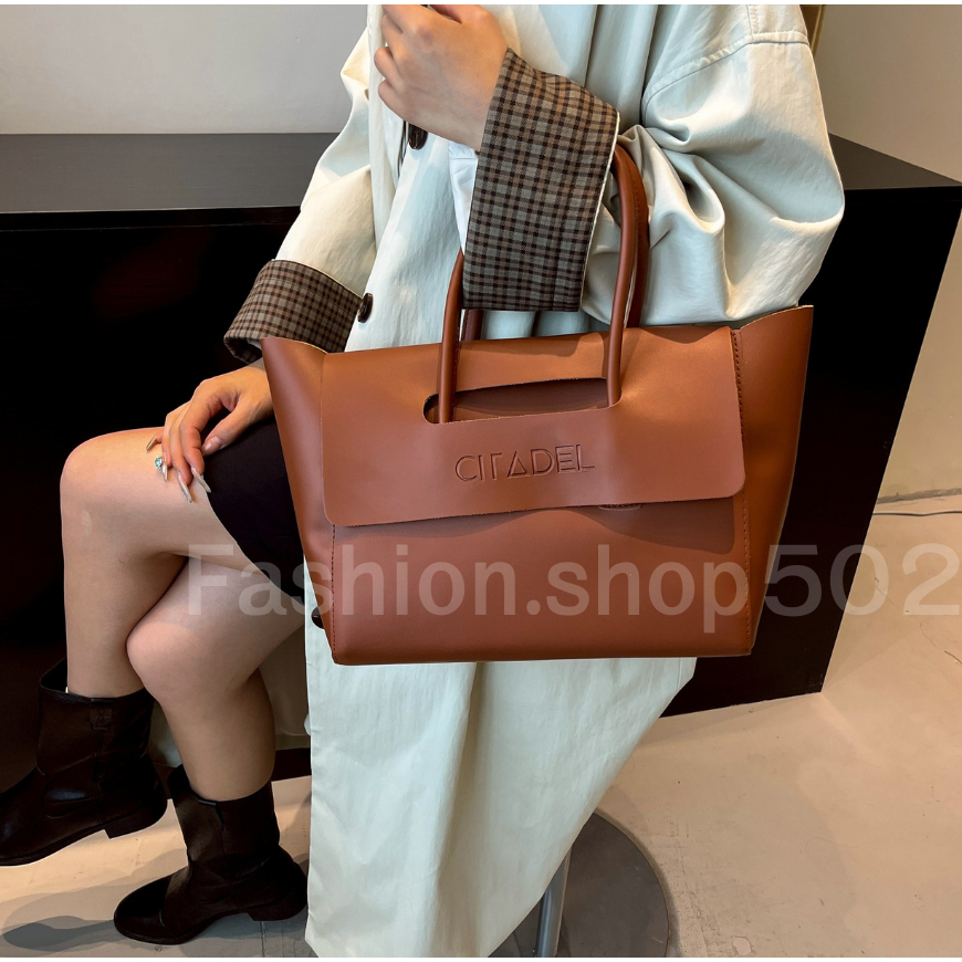 fashion.shop502 กระเป๋าสะพายไหล่ หนัง PU ทรงโท้ท ความจุเยอะ สไตล์มินิมอล มีบริการส่งด่วน B-048