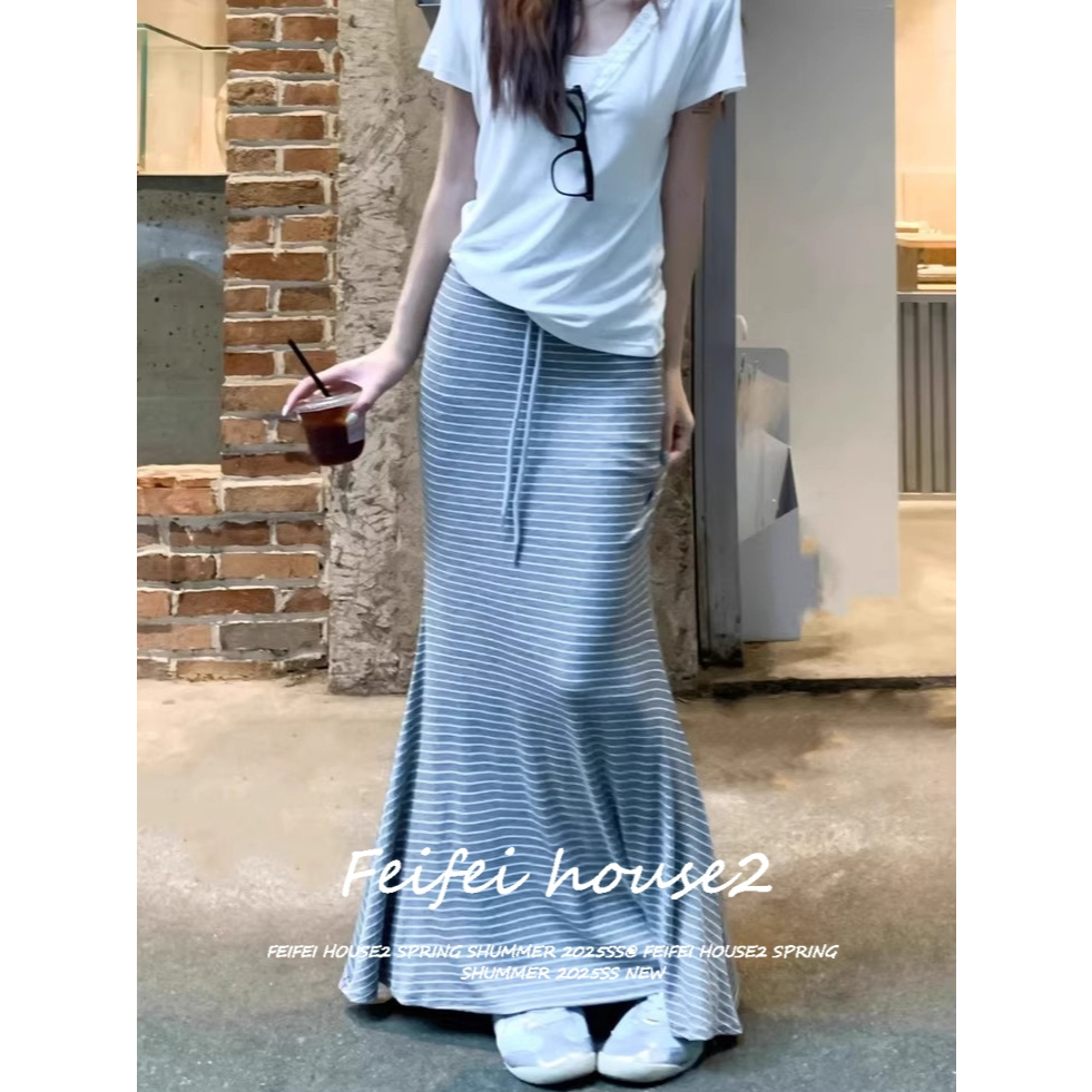 [Color-blocked striped fishtail skirt]กระโปรงทรงหางปลาลายทางจีบบล็อกสีย้อนยุคสำหรับผู้หญิง