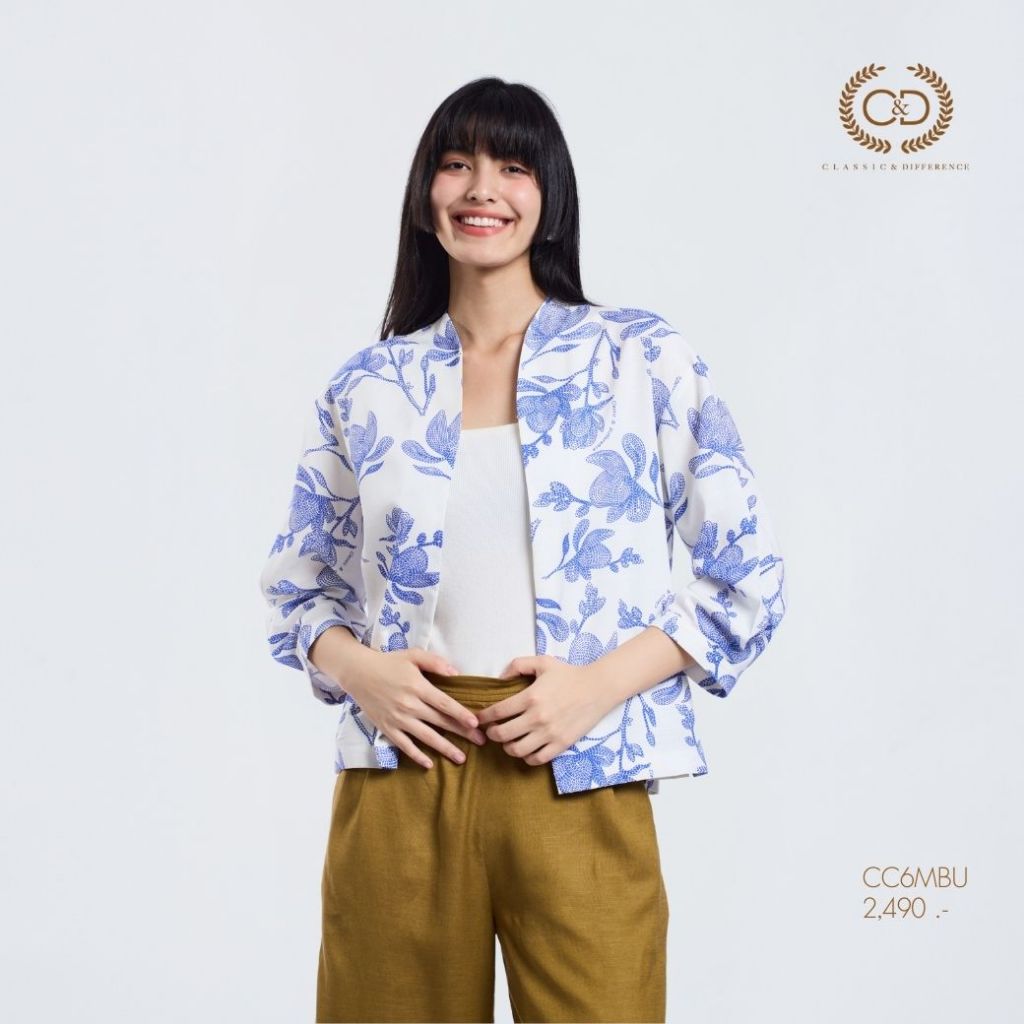 C&D Woman's Jacket  Blue Flower stitch  แจ็คเก็ตผู้หญิง ทรงหลวม คอปีน สีน้ำเงิน CC6MBU