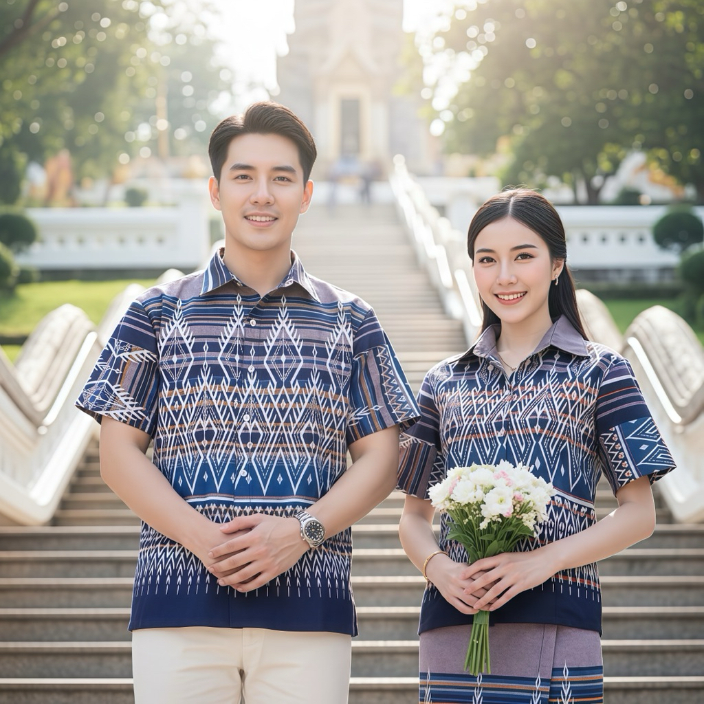 เสื้อคู่คอเชิ้ตลายไทยพื้นเมือง ชาย/หญิง