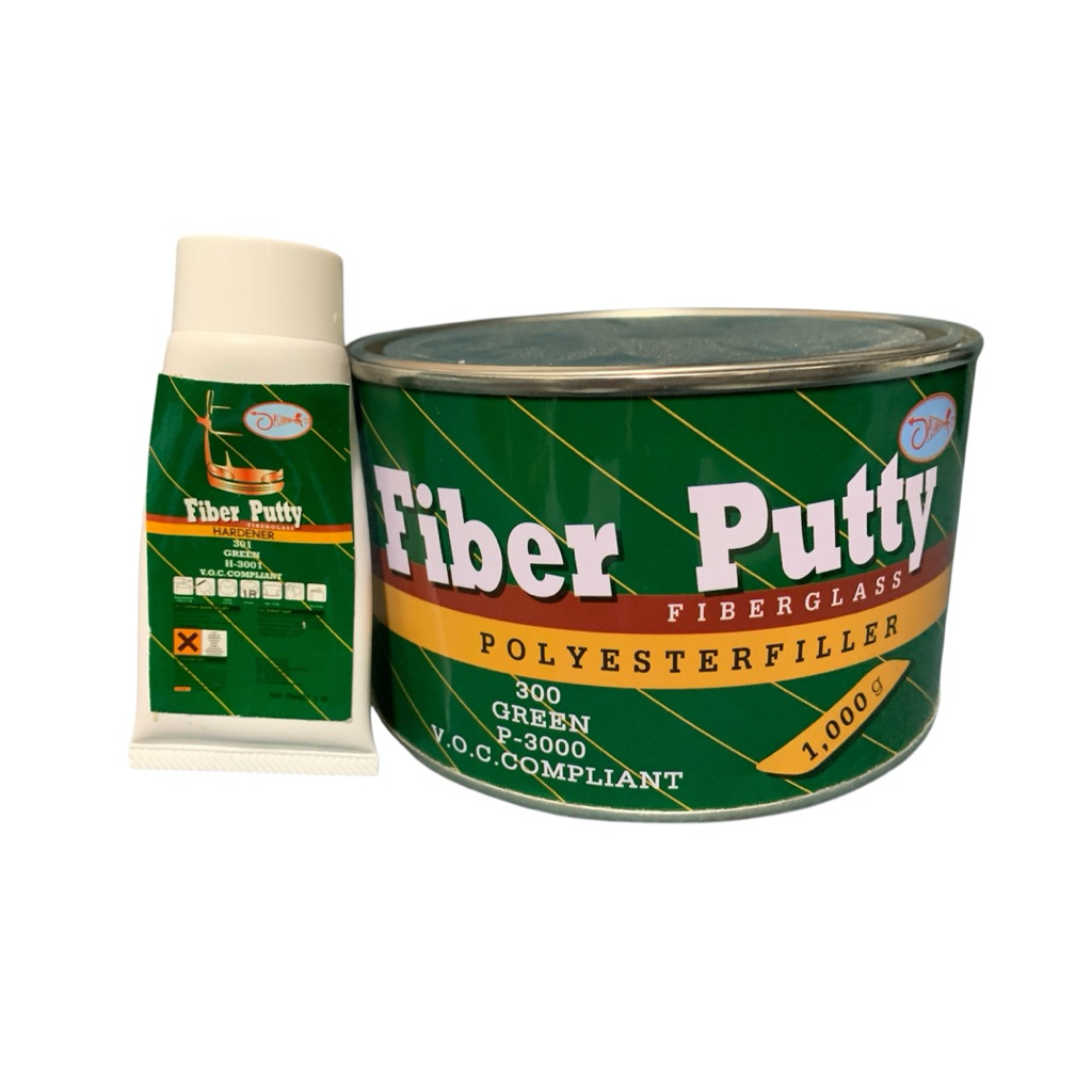 สีโป้วไฟเบอร์ แพลน  Plan 2K Fiber Putty Fiberglass  Polyester Filler โป้วยึดเกาะเหล็กได้ดี สีเขียว ขนาด ตลับ 1000กรัม