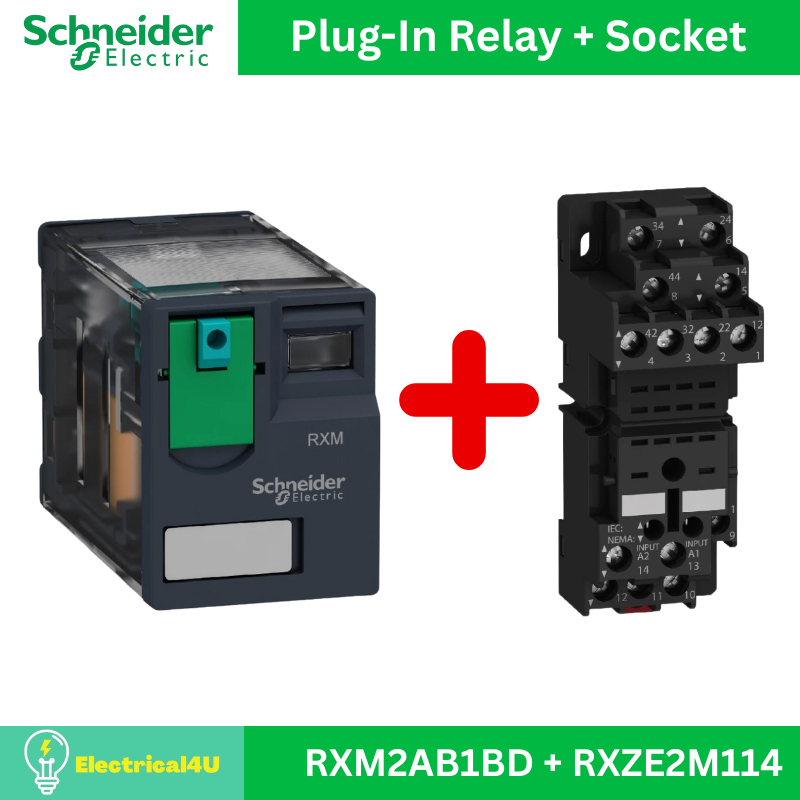 Schneider Electric RXM2AB1BD + RXZE2M114 ชุดรีเลย์พร้อมฐานเสียบ 2 คอนแทค 12A 24V DC