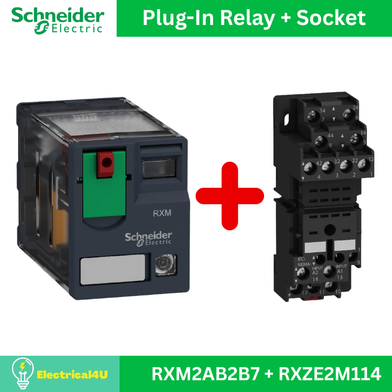 Schneider Electric RXM2AB2B7 + RXZE2M114 ชุดรีเลย์พร้อมฐานเสียบ 2 คอนแทค 12A 24V AC
