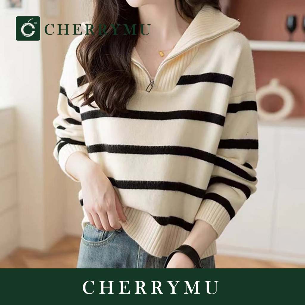 CHERRYMU รุ่นCS133 เสื้อสเวตเตอร์ไหมพรมมีซิป เสื้อแขนยาวไหมพรม