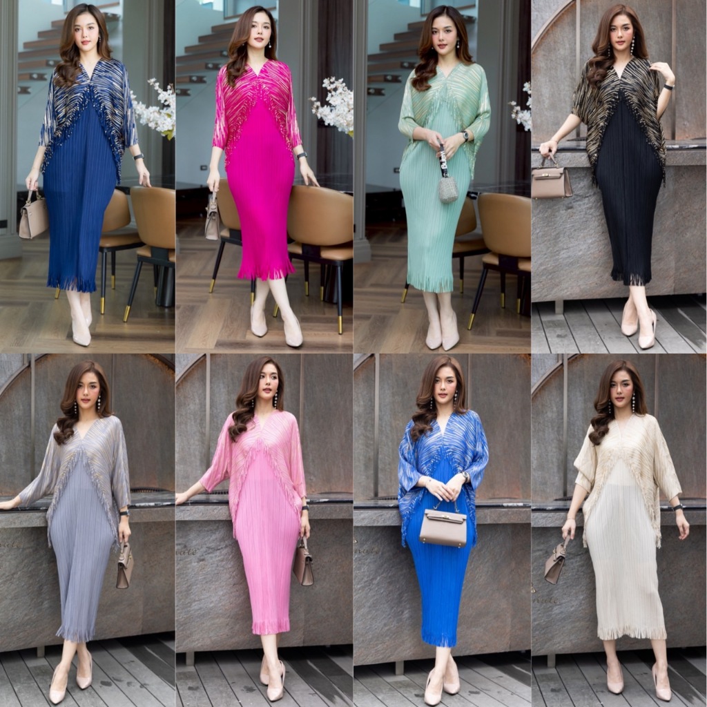 Cutie minute PD01625 เดรสคอวีผ้าอัดพลีท Premium 2Tone สีMetallic งานแต่งพู่ดีเทลเก๋ๆ แขนทรงค้างคาว