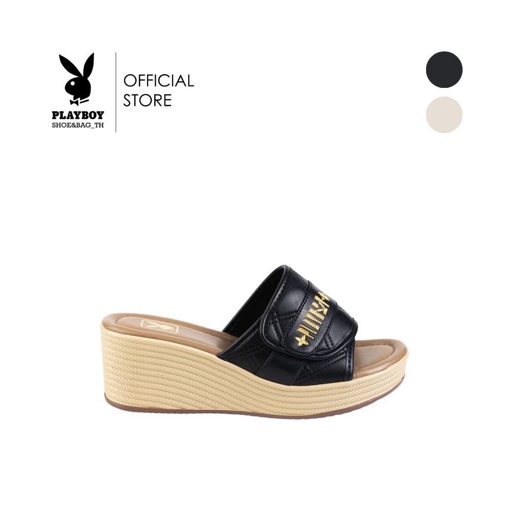 Playboy Wedge shoes รองเท้าส้นสูง(ส้นเตารีด) รหัสST-H251C1205-BK ดีไซน์สายคาดบุนวมติดอะไหล่ทอง