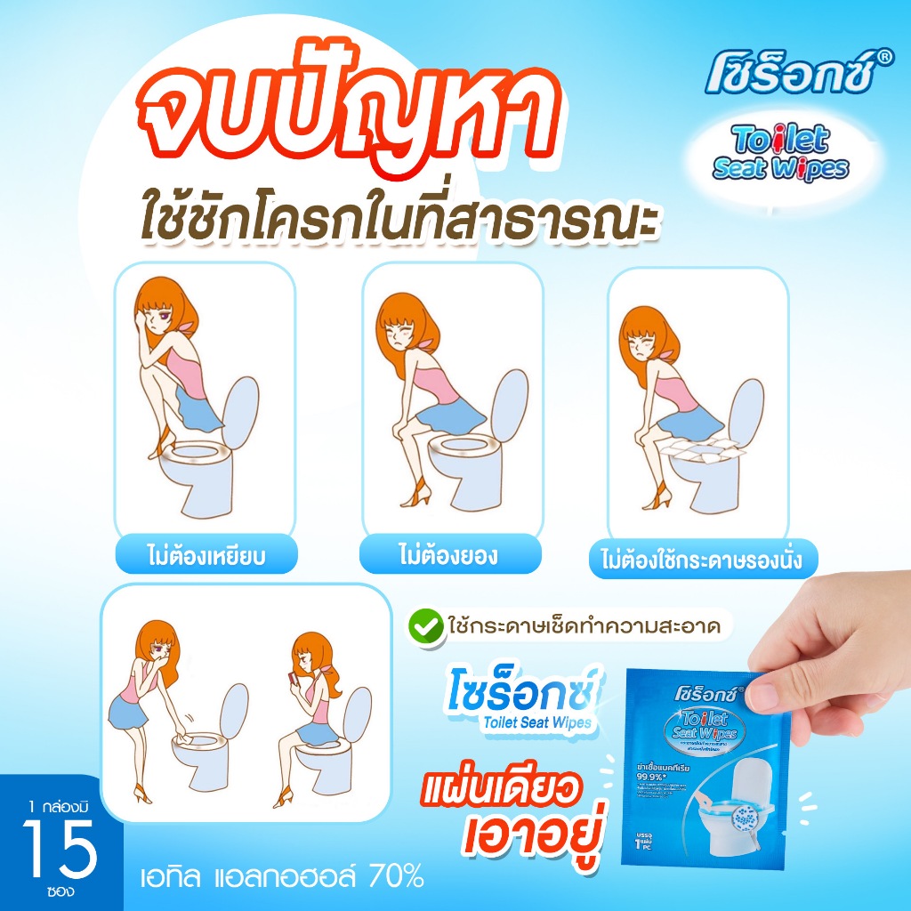 [3 กล่อง] โซร็อกซ์ Seat Wipes ทิชชู่เปียกเช็ดฝาชักโครก แผ่นใหญ่ มั่นใจ 1 กล่องมี 15 ซอง พร้อมส่ง