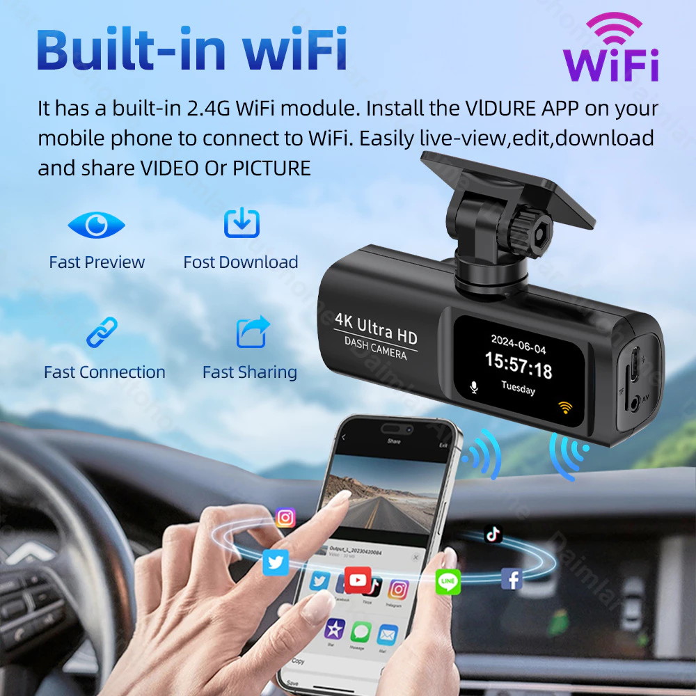 4K GPS กล้องติดรถยนต์ 2160P dash cam กล้องหลังฟรี กล้องรถยนต์ 170 กล้องหลัง 140 องศา WIFI เชื่อมต่อโดยใช้โทรศัพท์ของคุณ thumbnail 6