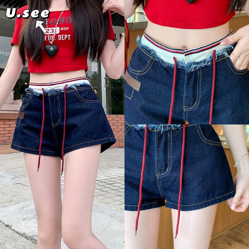 กางเกงยีนส์ กางเกงฮอต สไตล์Y2K ออกแบบสวย ต่อสลับ มีเชือกที่เอว#1286