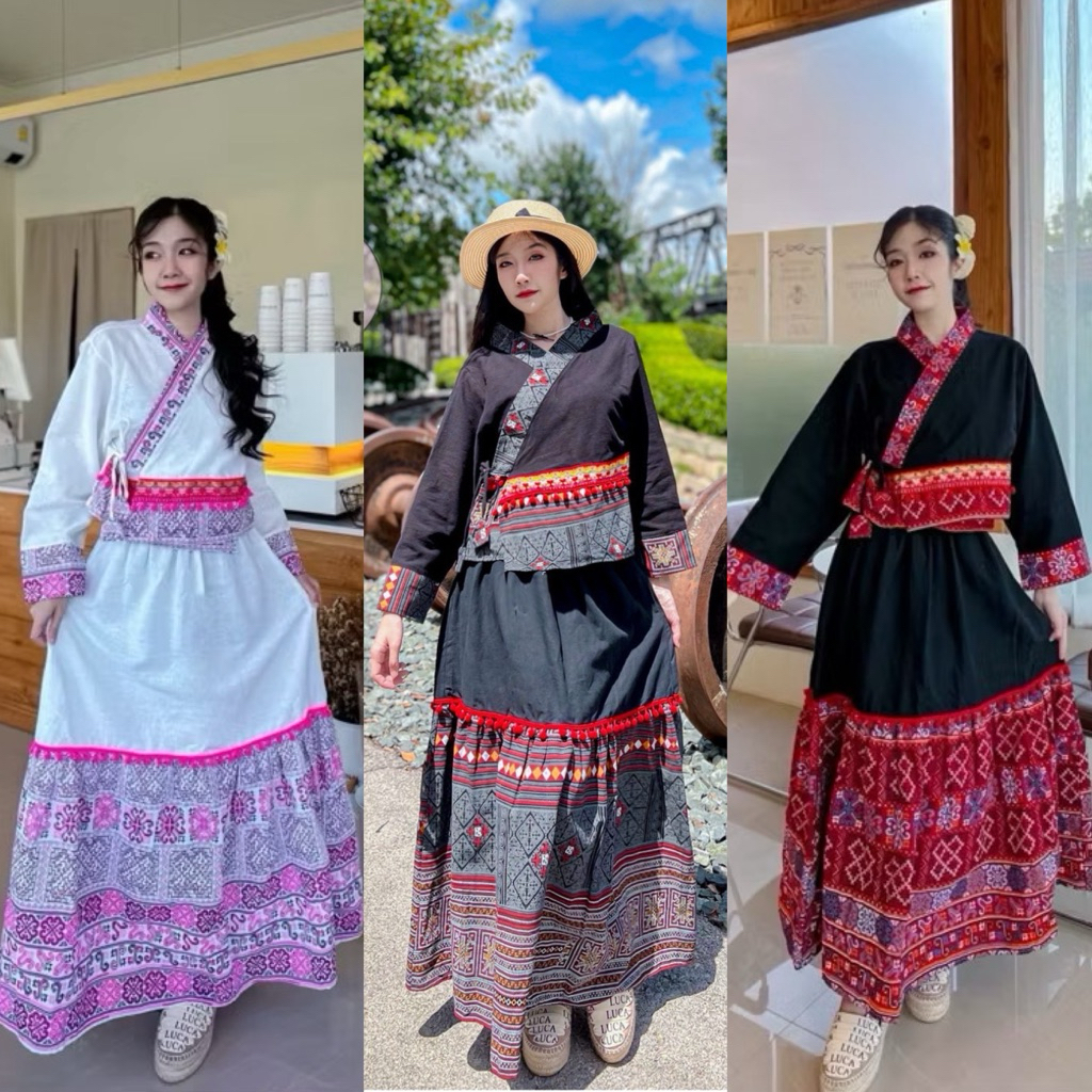 เซ็ตกระโปรงยาวแบบล้านนาประยุกต์ ۶ৎ⋆ เสื้อไขว้หน้าผูกข้าง+กระโปรงยาวทรงพริ้ว ⋆۶ৎ เนื้อผ้าฝ้ายฟอกนุ่มใส่สบายงานสวยคะ