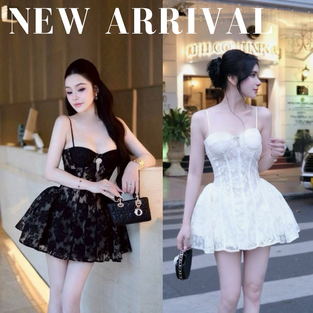 Cherbelle-มินิเดรสสายเดี่ยวลูกไม้นิ่มๆ หน้าอกเสริมฟองน้ำ สายปรับระดับได้ จับจีบช่วงเอวสวยมากกก ประดับด้วยเข็มกลัดน่ารักๆ