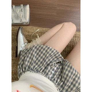 กางกงขาสั้น กางเกงลายสก๊อต เเบบสั้น เเต่งลูกไม้ หวาน สาวฮอตต้องมี #010292