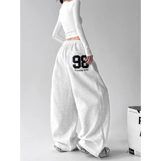 [Trendy font print, sports casual wide-leg pants]กางเกงกีฬาสีขาวพิมพ์ลายเทรนด์สำหรับผู้หญิง กางเกงขากว้างลำลอง