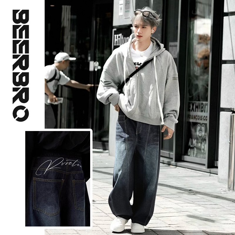 beerbroth-กางเกงยีนส์ผู้ชาย กระบอกใหญ่ สีน้ำเงินย้อนยุค ขากว้าง ทรงหลวม baggy jeans คุณภาพสูง หลวมสบายๆ