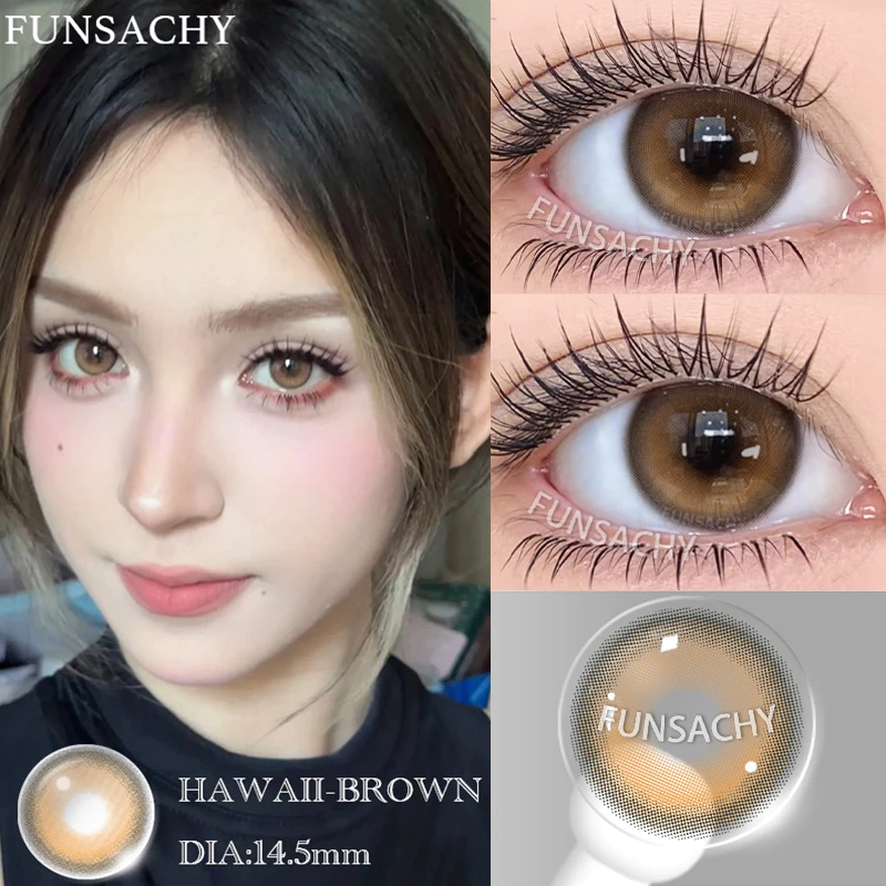 (0.00-6.00)คอนแทคเลนส์สายตาสั้นหนึ่งคู่ hawaii สีน้ำตาล/สีเทา/สีน้ำเงิน 14.5 มม.การขยายรูม่านตา