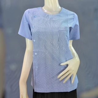 เสื้อสาธารณสุขผู้หญิง คอกลม คอปก แบบไม่ปักตรา สีฟ้าริ้ว เสื้อกาวน์