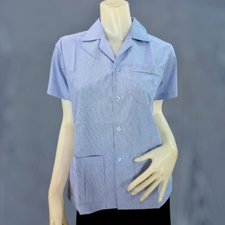 เสื้อสาธารณสุขผู้หญิง คอกลม คอปก แบบไม่ปักตรา สีฟ้าริ้ว เสื้อกาวน์