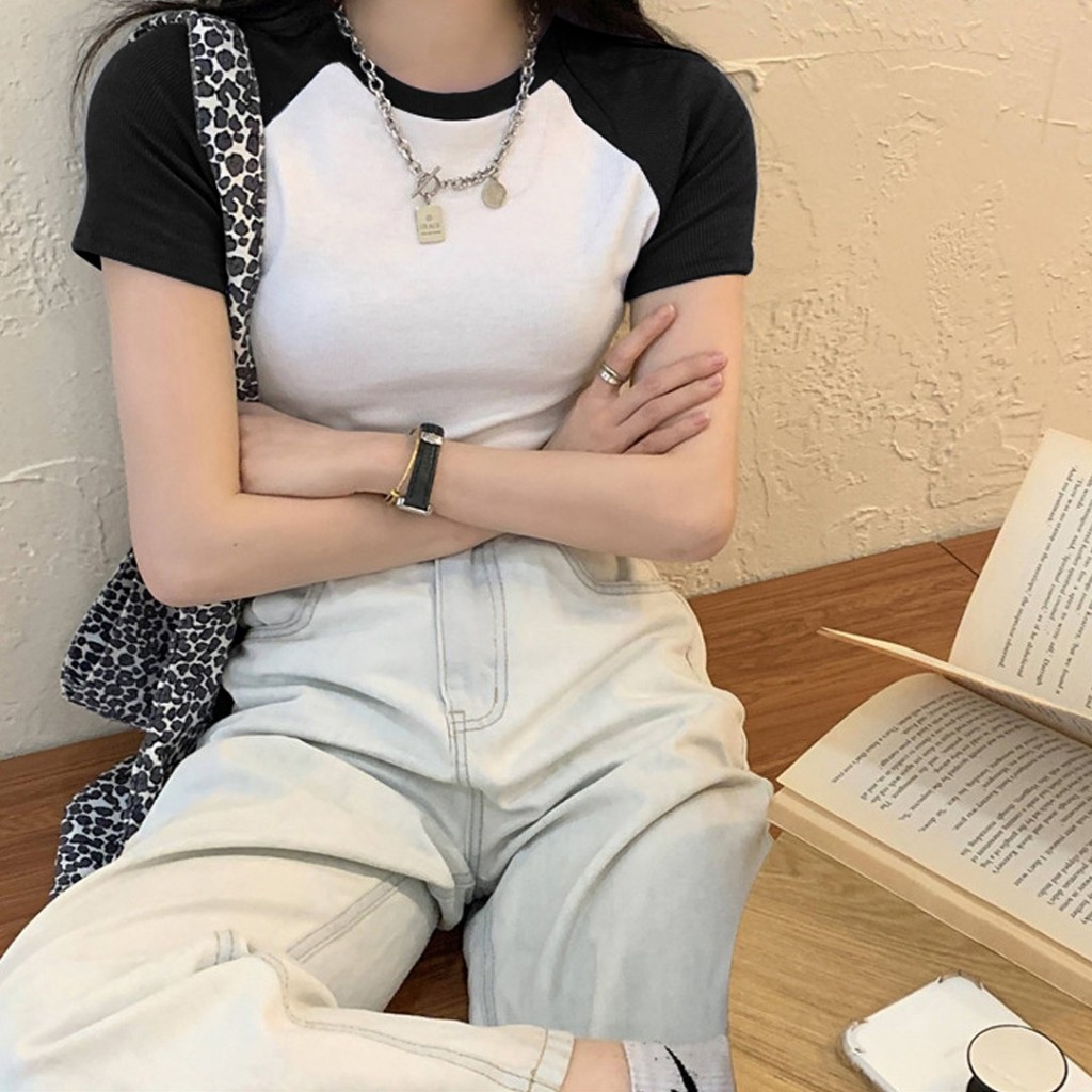 Chaistyle เสื้อยืดผู้ชาย เสื้อฤดูร้อน สีตัดกัน แมทช์ลุคง่าย คอกลมแขนสั้น ใส่ได้ทั้งชายและหญิง