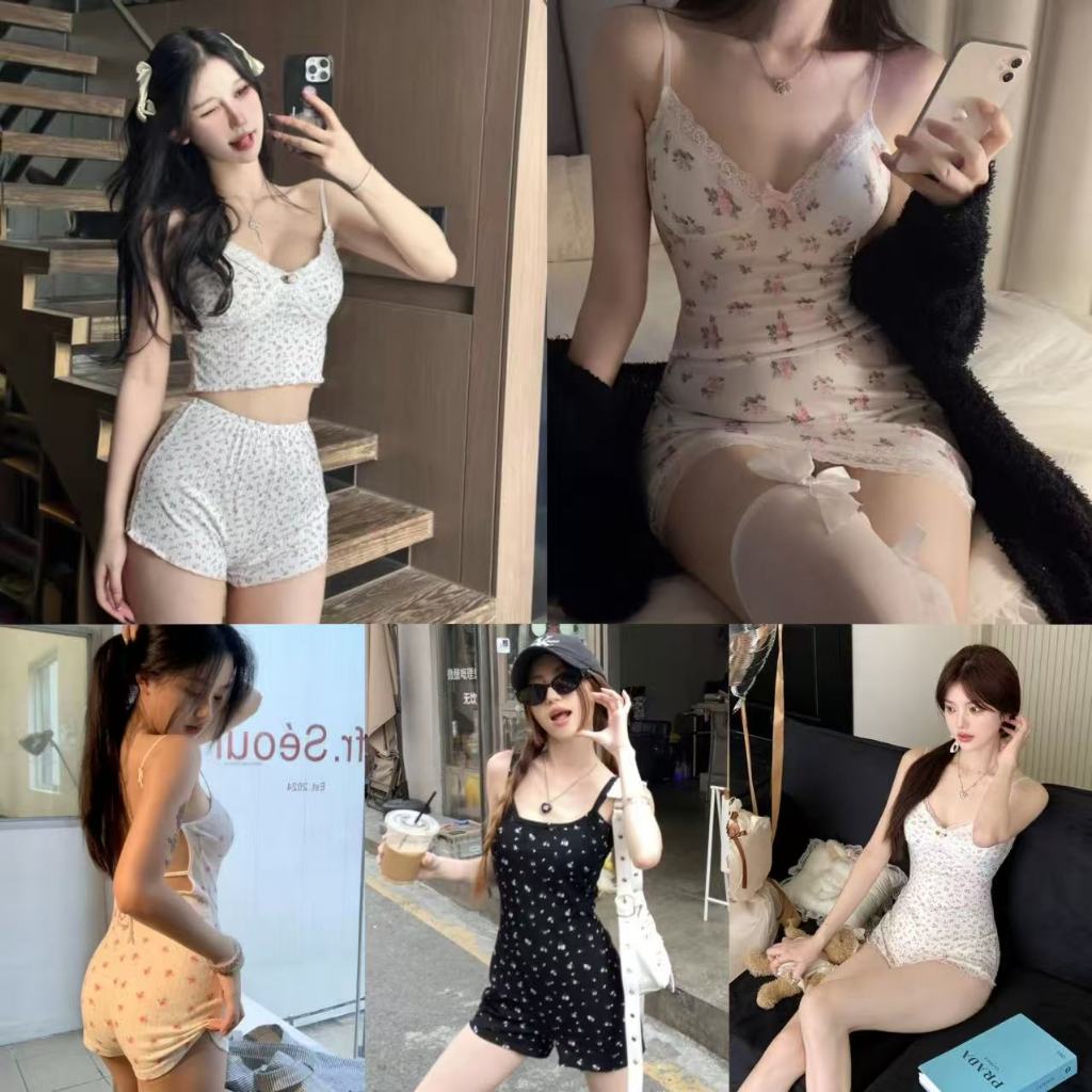 🌟ชุดนอนลูกไม้ เดรสลูกไม้ ลายดอกไม้ น่ารัก สายสะพายไหล่ปรับได้ พร้อมส่งจากไทย QQ84