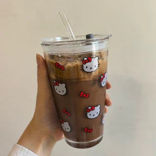 แก้วน้ำ [ฝา+หลอดแก้ว] แก้วกระจก 450 ml หนามาก ใส่ได้ทั้งร้อนและเย็น ลายการ์ตูน น่ารัก พร้อมส่ง
