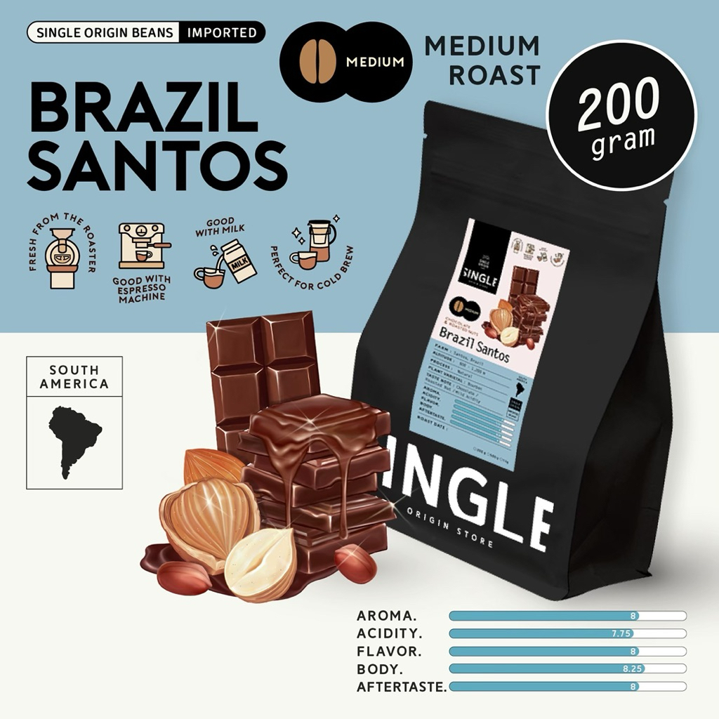 เมล็ดกาแฟคั่วกลาง Brazil Tiger No.2 Santos (Specialty Coffee)