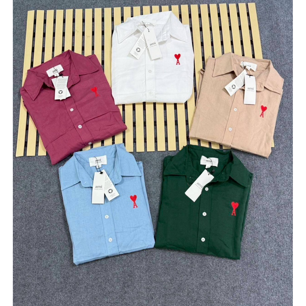 AMI เสื้อเชิ้ตแขนยาวคอปก ผ้าลินินผสม