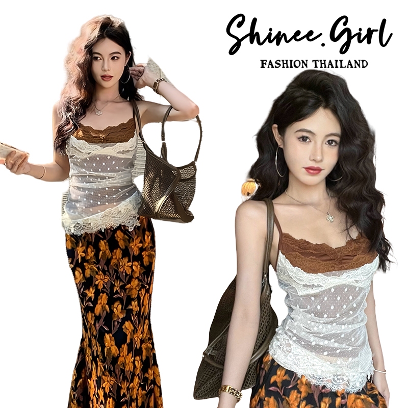 SHG พร้อมส่ง🌹ลูกไม้เสื้อสายเดี่ยว เปิดหลัง สไตล์ฝรั่งเศส ทรงรัดรูป ตาข่าย เสื้อสายเดี่ยวผู้หญิง แฟชั่นเกาหลีแมทซ์ง่าย