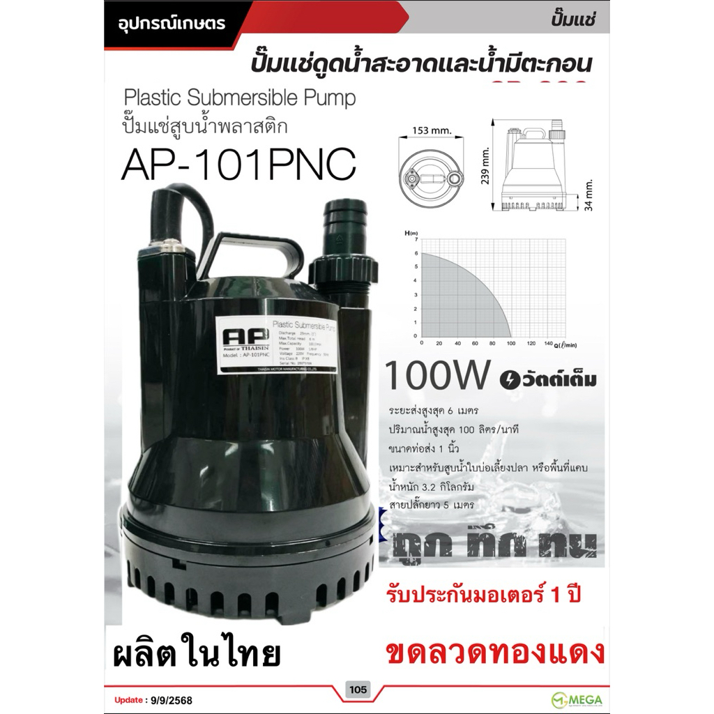 ปั๊มแช่ ไดโว่ ปั๊มจุ่ม AP ขนาด1นิัว ดูดได้ติดพื้น ผลิตในไทยขดลวดทองแดง รับประกันมอเตอร์1ปี