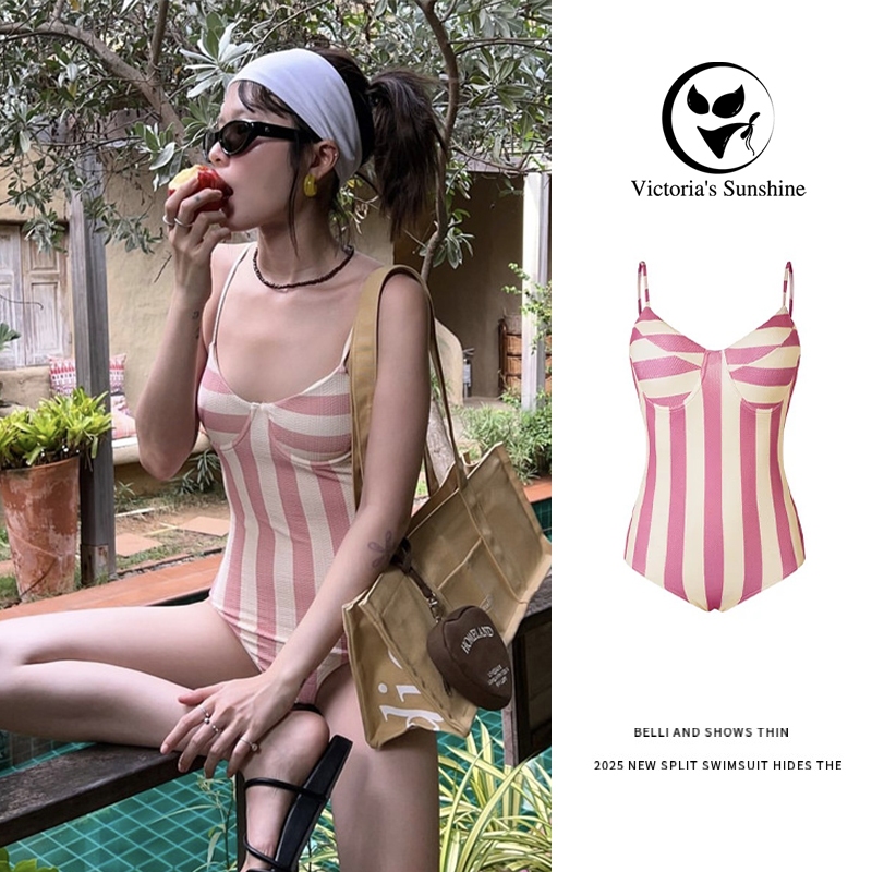 ส่งไวจากไทย ชุดว่ายน้ำวันพีช ชุดว่ายน้ำผู้หญิง มีโครง ลายทางสีชมพูและสีขาว summer beach#0995